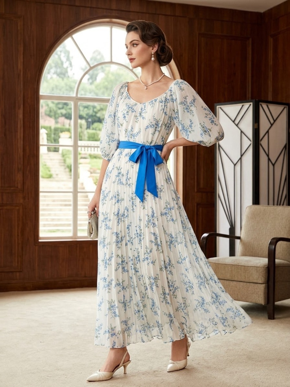 Vintage Cream Maxi Dress with Blue Floral Print Royal Blue Sash Pleated Skirt
